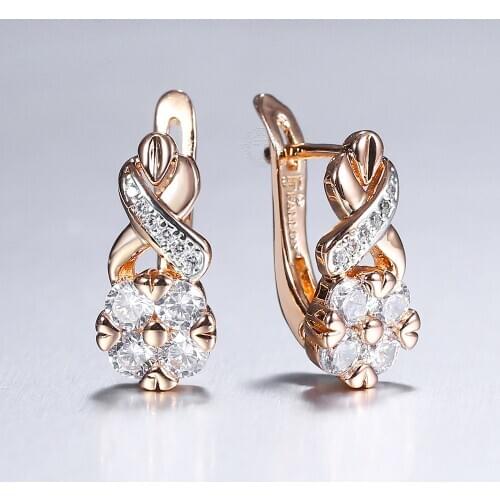 2021 Trendy Drop Earrings For Women 585 Rose Gold CZ Stone Twisted Flower Shaped Girls Wedding Jewelry Dangle Earrings LGE335