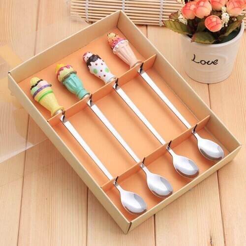 4PCS/set 21cm long handle cake resin stainless steel spoons set coffee stirring spoon ice cream scoop flatware set birthday gift