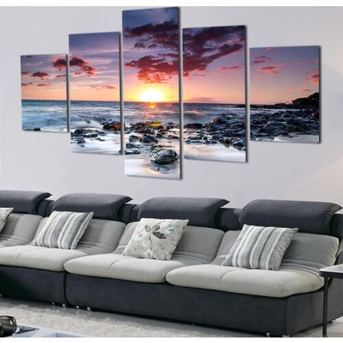 5 Pieces Modern Wall Art Seaview Landscape Canvas Painting Sunset At Sea Wall Pictures Home Decor Sea Beach Stone Oil Painting