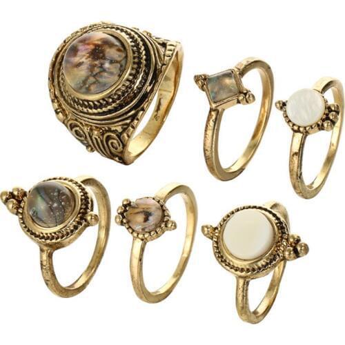 WWLB 6PCS/Set Vintage Opal Rings Big Stone Ring Set For Women Antique Gold Color Midi Knuckle Party Gifts Statement Jewellery