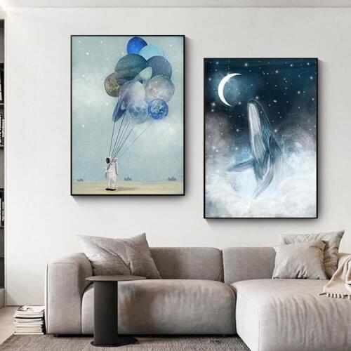 Abstract Blue Whale Canvas Painting Astronaut Planet Poster Print Nordic Wall Picture for Living Room Nordic Wall Art Tableaux