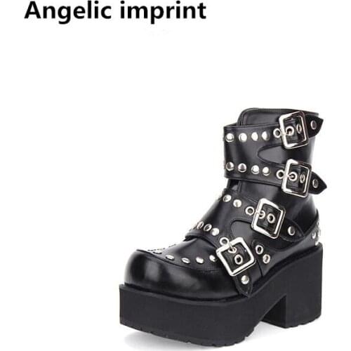 Angelic imprint mori girl Women motorcycle punk shoes lady high heels lolita ankle boots woman princess dress pumps 33-47 8cm