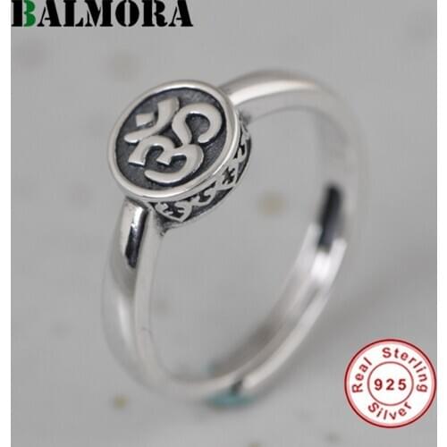 BALMORA 100% Real 925 Sterling Silver Buddhist Rings For Women Lady Six Words OM Mantra Ring Open Adjustable Ring Jewellery