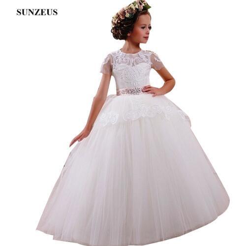Ball Gown Short Sleeve Flower Girls Dresses 2020 Beautiful Appliques Wedding Party Dress For Little Girls communie jurk FLG107