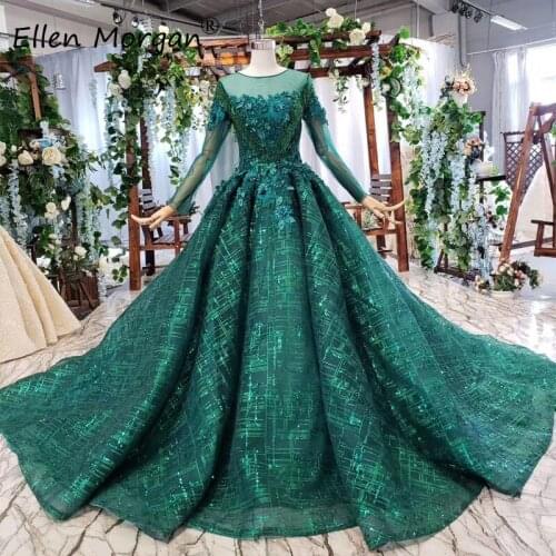 Glitter Dark Green Long Sleeves Ball Gowns Wedding Dresses 2020 Sheer Neck Puffy Arabic Muslim 3D Flowers Lace for Bridal Women