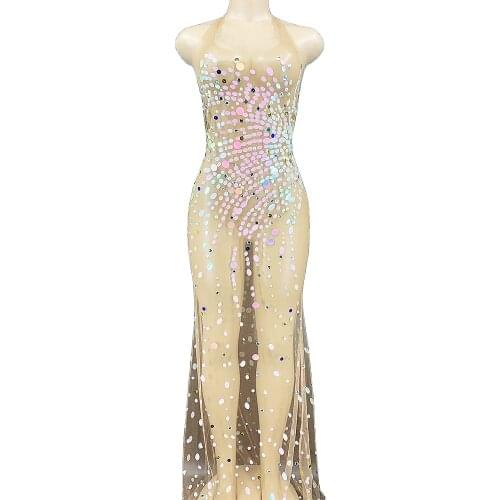 Sparkling Sequined Halter Mesh See Though Women Dresses Sleeveless Backless Long Dresses Nightclub Performance Stage Wear