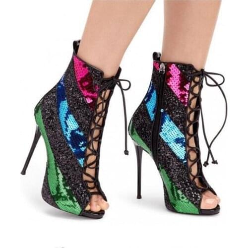 Bling Bling Sequined Mixed Colors Stripe Sandal Boots Sexy Peep Toe Cuts Out Ankle Boots Lace Up High Heeled Shoes