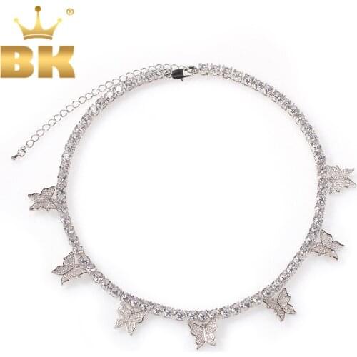 THE BLING KING Women 5mm CZ Tennis Chain 1 Row 7 Pcs Butterfly Pink & Silver Color Luxury Extension Chain Fashion Jewelry