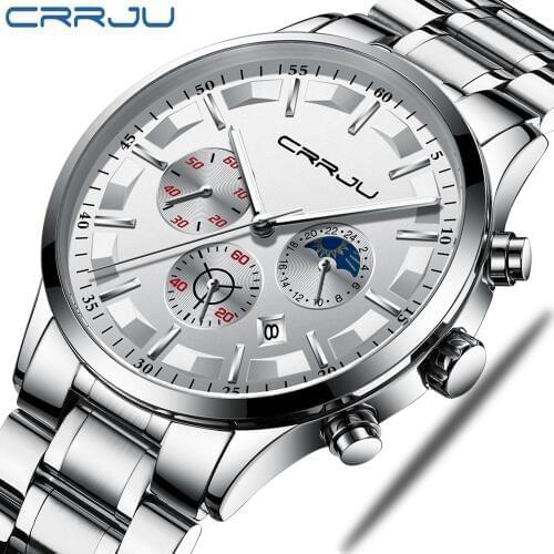 CRRJU Fashion Business Quartz Watches Men Sports Analog Chronograph Full Steel Waterproof Watches Men Clock Relogio Masculino