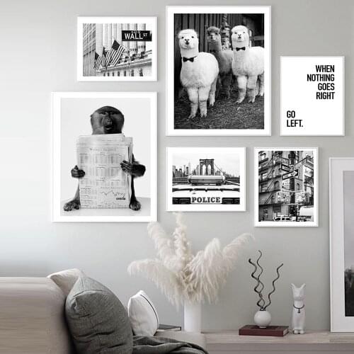 Black White Canvas Painting Alpaca Llama City Street Landscape Prints and Posters Wall Art Pictures for Kid Bedroom Dormitory