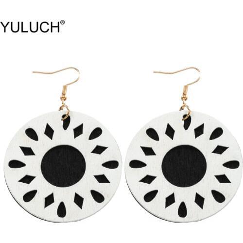 YULUCH Round Double-layer Wooden Hollow Life Tree Star Ethnic Hanging Fashion Drop Earrings For Women Party Jewelry Accessories
