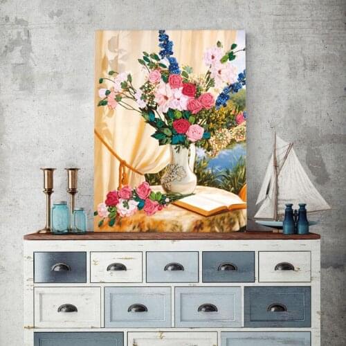 Ribbon Embroidery Painting,Flower Vase,Color Print,Handmade,Needlework,Cross Stitch Kit,Ribbon Craft,Wall Art,Home Decor,C-0012