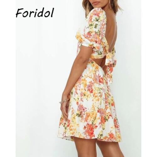 Foridol Backless Bownot Summer Dress Women Floral Print Sun Dress Female Elegant Mini Vestidos Korean Dress 2021 New