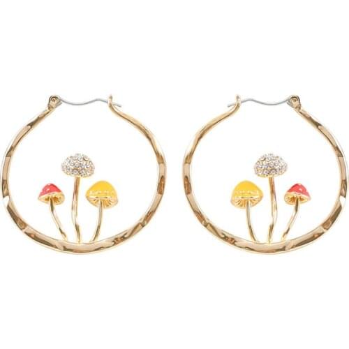 Makersland Unique Hoop Earring For Women Cute Colored Mushroom Gold Color Hoops Rhinestones Mushroom Rose Wedding Earrings 2021