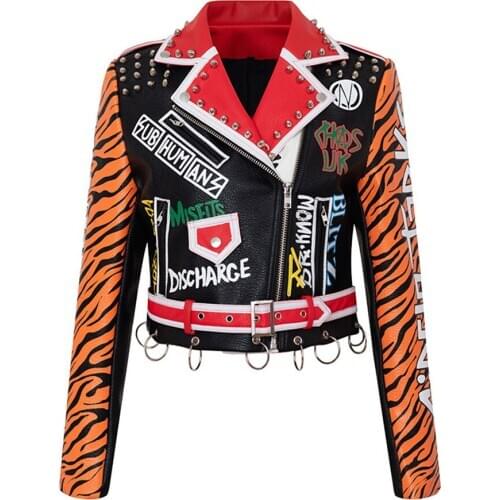 New Women Rivet Beading Pu Graffiti Jacket Hit Color Stud Streetstyle Coat Faux Leather Embroidery Letters Printed Belts Outwear