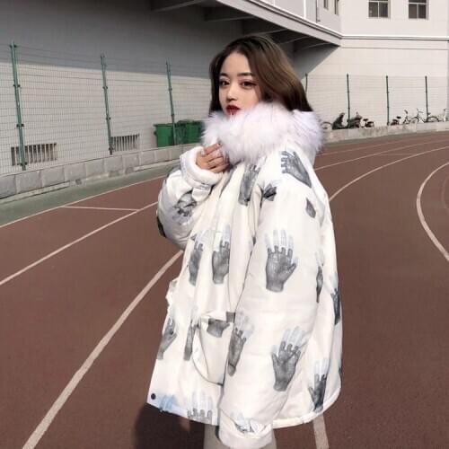 2021 New Winter Jacket Parka Womens Fashion Print Cotton Coats Woman Warm Hooded Down Cotton Jackets Coats Female Loose Outwear