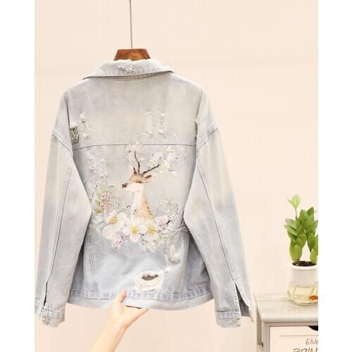 Heavy New station autumn industry nail bead printing deer hole denim coat women s loose jacket top can customized big size