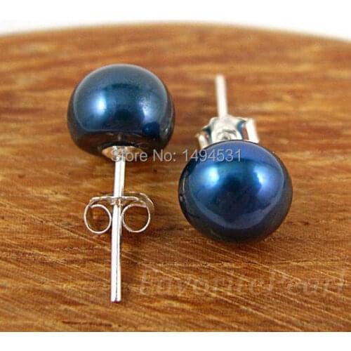 Wholesale Pearl Jewelry - AAA 8.0-8.5MM Navy Color Natural Freshwater Pearl Stud Earrings - Free Shipping
