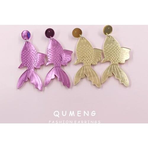 QUMENG Popular Women Mirror Acrylic Carved Goldfish Pendant Earrings For Girls Custom Fish Animal Trend Jewelry 2020 Gift