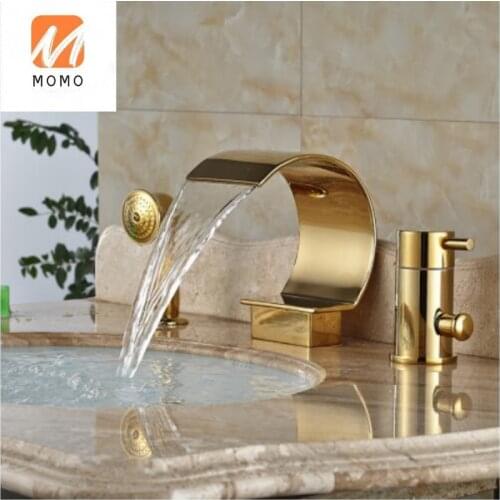 Luxury Gold Color 3 Pcs Chrome Polished Bathtub Bath Tub Waterfall Faucet with Handheld Shower
