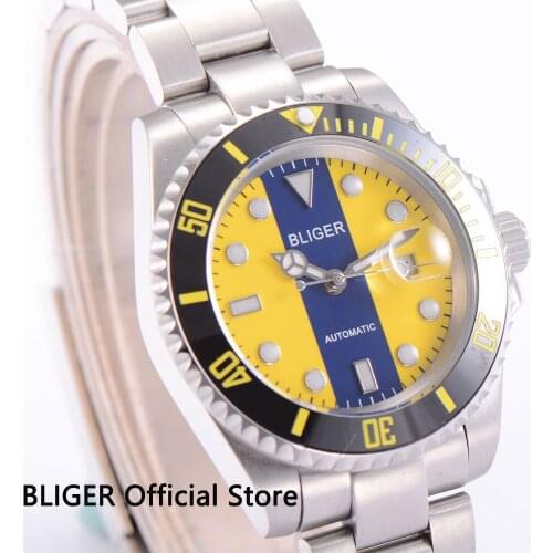 Sapphire Glass 40mm BLIGER Blue Yellow Dial Black Ceramic Bezel Luminous Marks Date Magnifier Automatic Movement Mens Watch B17