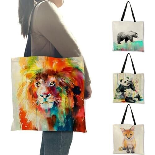 Customize Watercolor Animal Art Tote Bag For Women Student Girl Unique School Bags Travel Beach Totes Folding