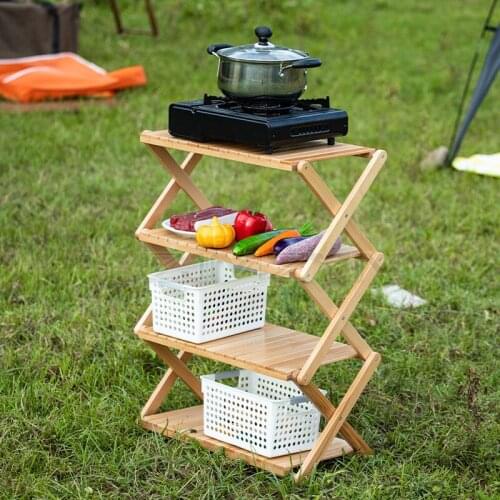 Outdoor Folding Shelf 4 Layer Storage Rack Portable Foldable Shelf solid wood Multi-function Multi-function Storage