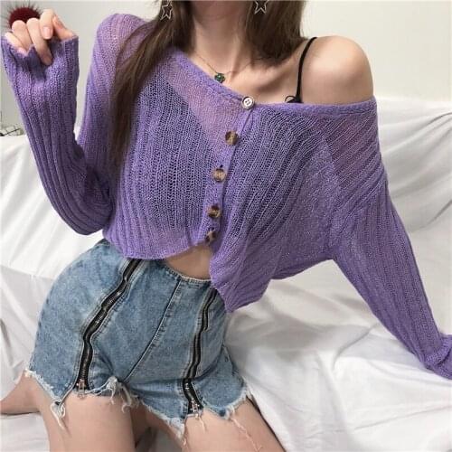Hi Girl Spring Loose V neck Hollow Out Long Sleeve Open Stitch Short Sun-proof Thin Basic Knitted Tops Cardigan Womens Clothing