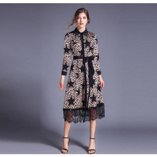 High-End New Fashion Five-Pointed Printted Slim Leopard Dress Women Lace Trim Hem Sashes Bow Vintage Black Long Shirt Dresses
