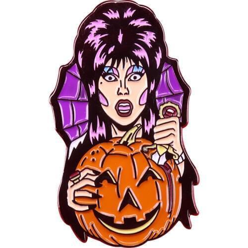 Elvira the Queen of Darkness Hand Carved on a Pumpkin Enamel Pin