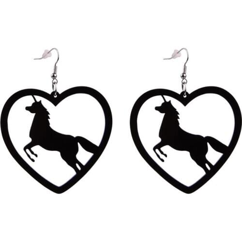 Trendy Black Heart Leaping Horse Unicorn Acrylic Earrings For Women 3 Colors Big hollow out Heart Dangle Earrings Jewelry E19149