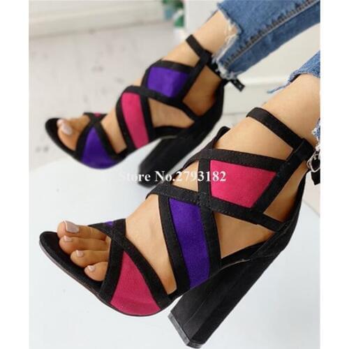 New Design Women Fashion Open Toe Patchwork Chunky Heel Sandals Cut-out Mixed-colors Thick High Heel Sandals Dress Heels