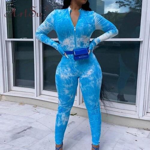 ArtSu Sexy Zip Tie Dye Print Jumpsuit For Women Long Sleeve Skinny Bodycon Rompers Ladies 2020 Autumn Sporty Outfits Jumpsuits