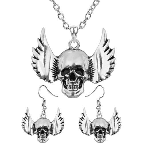 Yacq Womens Wing Skull Jewelry Set - Adjustable Necklace (24+4)inch (60+10)cm + Dangle Earrings - Women Girls Biker Jewelry