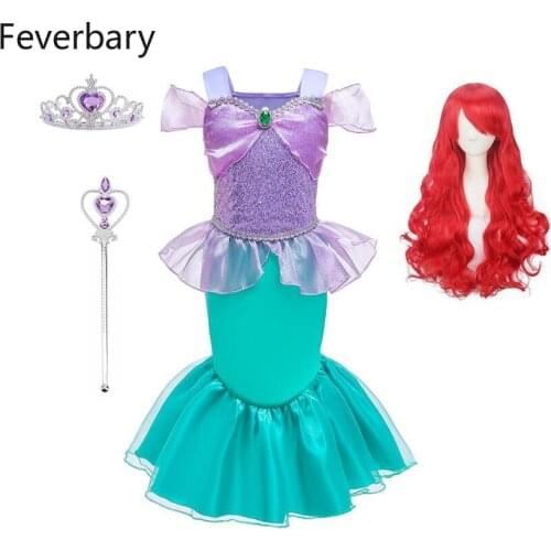 Feverbary Little Mermaid Costume Girl Princess Dress Halloween Party Cosplay Costume Carnival Red Mermaid Wig