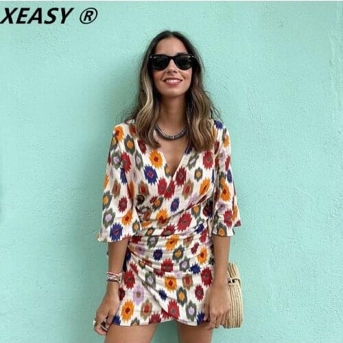 XEASY 2021 Woman Print Wrap Dress Short Summer Ruched Fashion Knot Mini Ladies Dresses V Neck Vintage Female Party Dresses