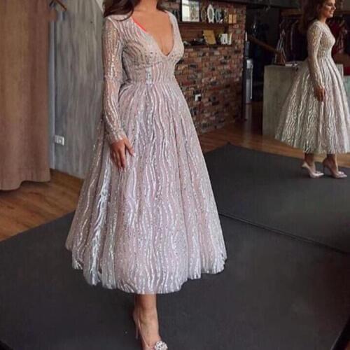 Long Sleeve Sparkle Sequin Evening Dresses Short 2020 V Neck Ankle Length Formal Dress Party Evening Gown Abiye Robe De Soiree