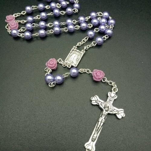 Vintage Religious White Simulated Pearl Beads Red Rose Catholic Rosary Necklace Women Long Strand Necklaces Jesus Jewelry Gift