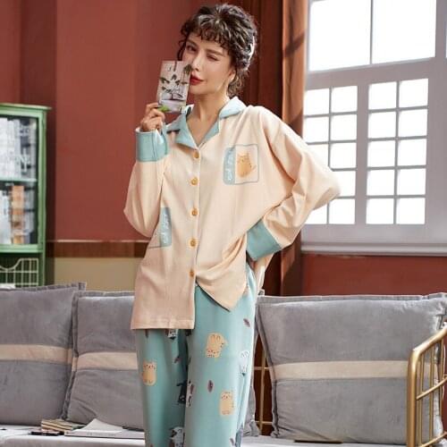 6535 Cotton Turn-down Collar Button-Down Long Sleeve Trousers Pajama Jammies Autumn Winter Girl Lady Women Nightwear Pyjamas cke
