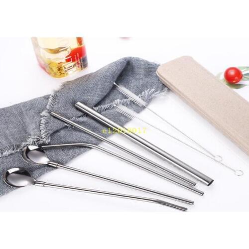 7 pieces of 304 stainless steel straws creative portable box home eco-friendly pearl milk tea drinking spoon