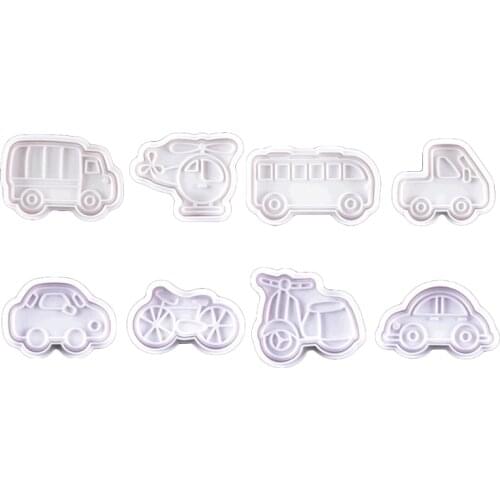 8pcs Bicycle Car Pattern Plastic Baking Mold Kitchen Biscuit Cookie Cutter Pastry Plunger 3D Die Fondant Cake Decorating Tools