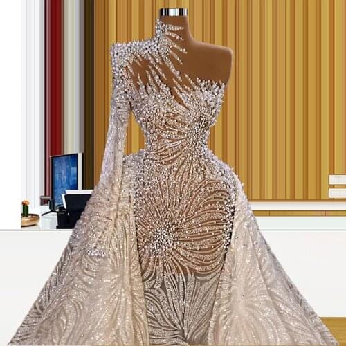 Glitter Sparkly Middle East Bridal Wedding Dress One Sleeve Saudi Arabia Pearls Glitter abendkleider 2021
