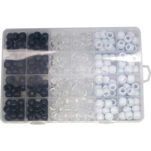 1Box Assorted DIY Craft Beads, 240 Pcs Mixed Color Clear White Black Round Pony Beads 12x10mm Hair Braid Dreadlocks Beads