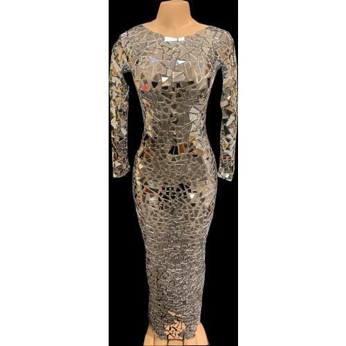 Black Mesh Perspective Sparkly Mirrors Long Dress Evening Celebrity Party Birthday Fashion Dresses Sexy Stage Performance Outfit