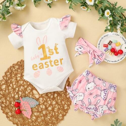 Infant Baby Girl Easter Clothes Sets Newborn Baby Girls Easter Eggs Letter Romper+ Rabbit Shorts+Headbands Set Bebe Girl Outfits