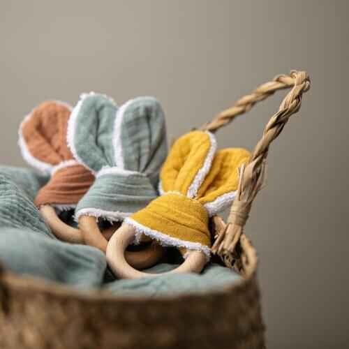 2pcs/set Cotton Bunny Ear Rattles Toy Baby Beech Wood Teething Diy Bracelet Stroller Chain Bunny Ear Baby Rattle Toys Gift