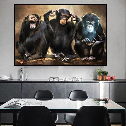 Animal Wall Art Painting Posters and Prints of Three Funny Monkeys Art Pictures Print Canvas for Living Room Home Decoration
