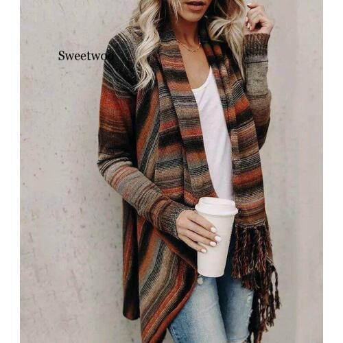 New hot sale womens spring autumn womens knitted long irregular sweater women casual tassel cardigan shawl