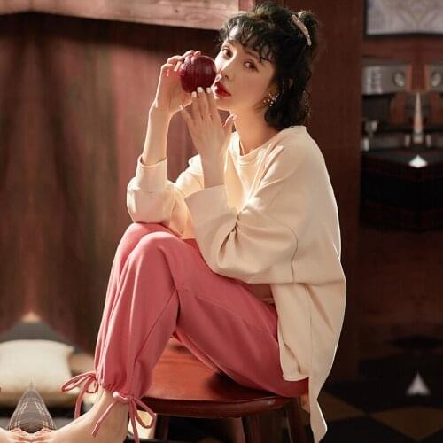 PURE Cotton pullover Long Sleeve Trousers Cute Pajama fashion casual Jammies Girl Lady Womens Sleepwear Nightwear Pyjamas cke