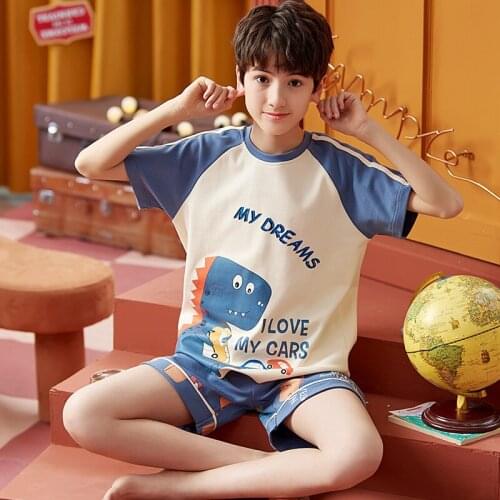 Children Pajamas Funny Dinosaur Cotton Short Sleeve Cartoon Boys Sleepwear Fashion Blue Patchwork O-Neck Kids Boys Pajamas Sets